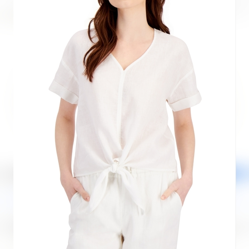 Charter Club Luxury 100% Linen Tie-Front Top Lightweight Resort Vacation